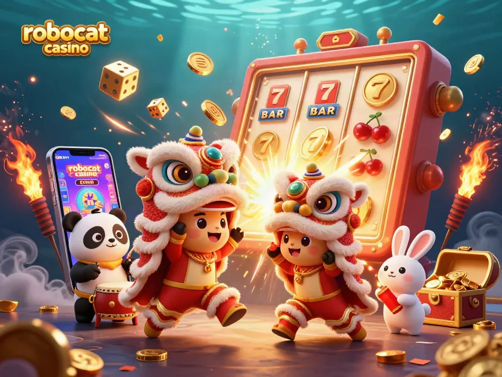 Experience the excitement of robocat casino with vibrant characters and a jackpot atmosphere in this lively 3D illustration.