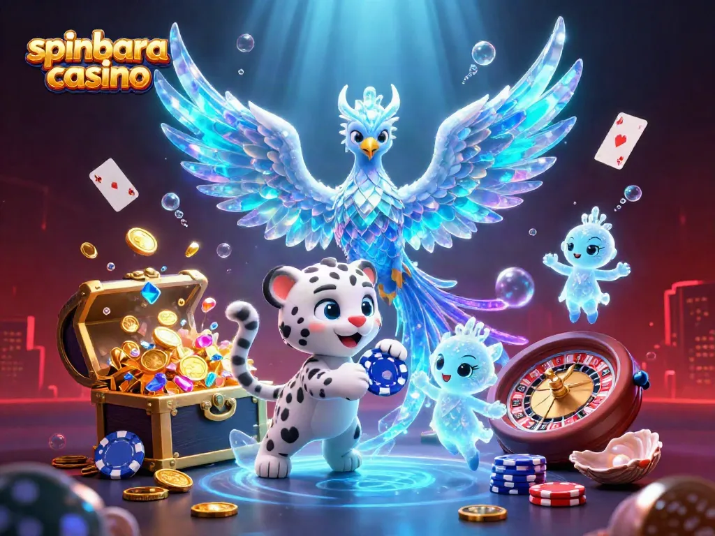 Engage with spinbara casino's vibrant gaming scene, featuring a magical ice phoenix and playful motifs.