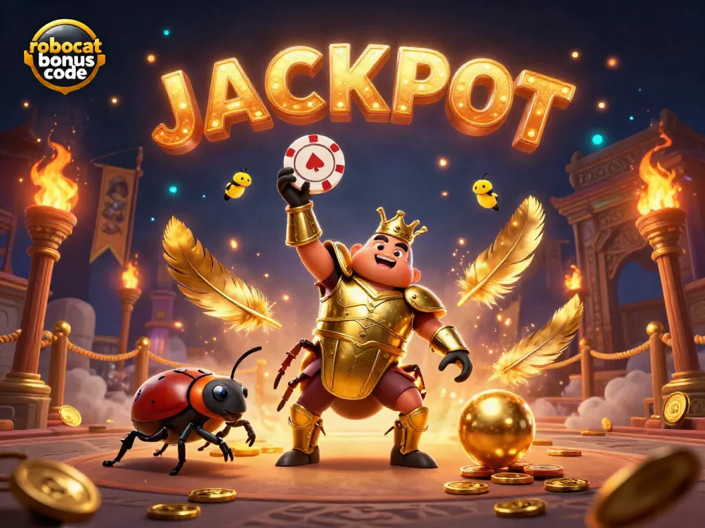 Win with the Robocat bonus code in this vibrant 3D casino scene filled with action.
